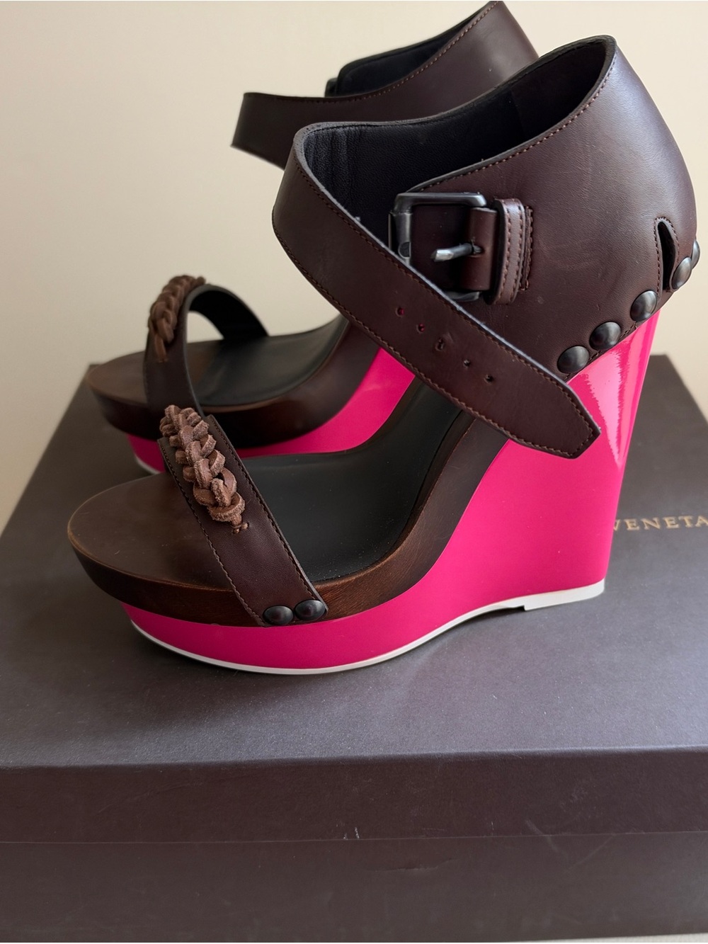 Bottega Veneta Brown Leather & Hot Pink Wedge Sandals